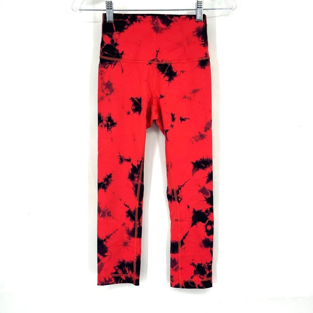 Lululemon Wunder Train High Rise Crop‎ 21" Tie Dye Carnation Red Black Size 4